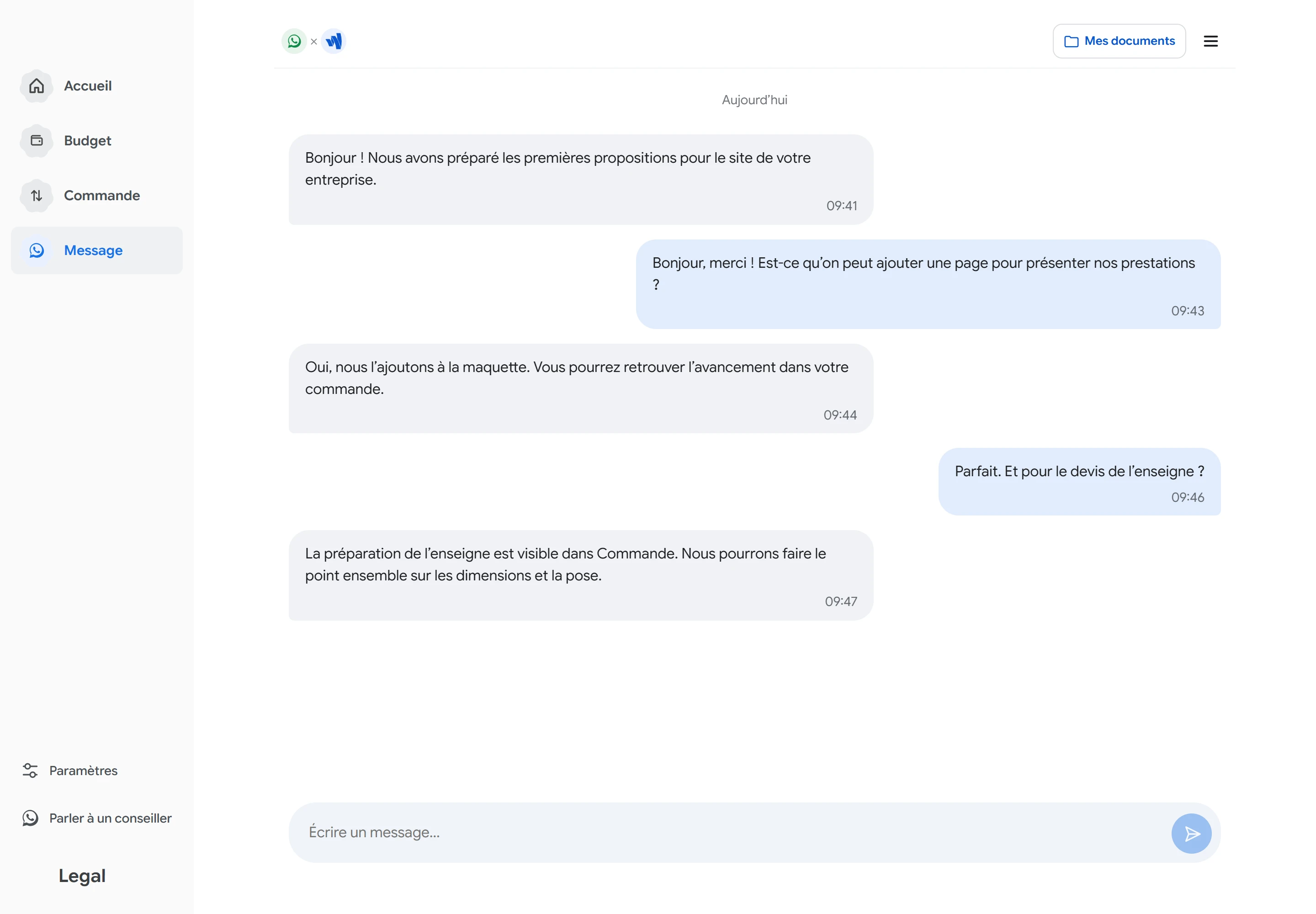 Écran Message de l’application UU.