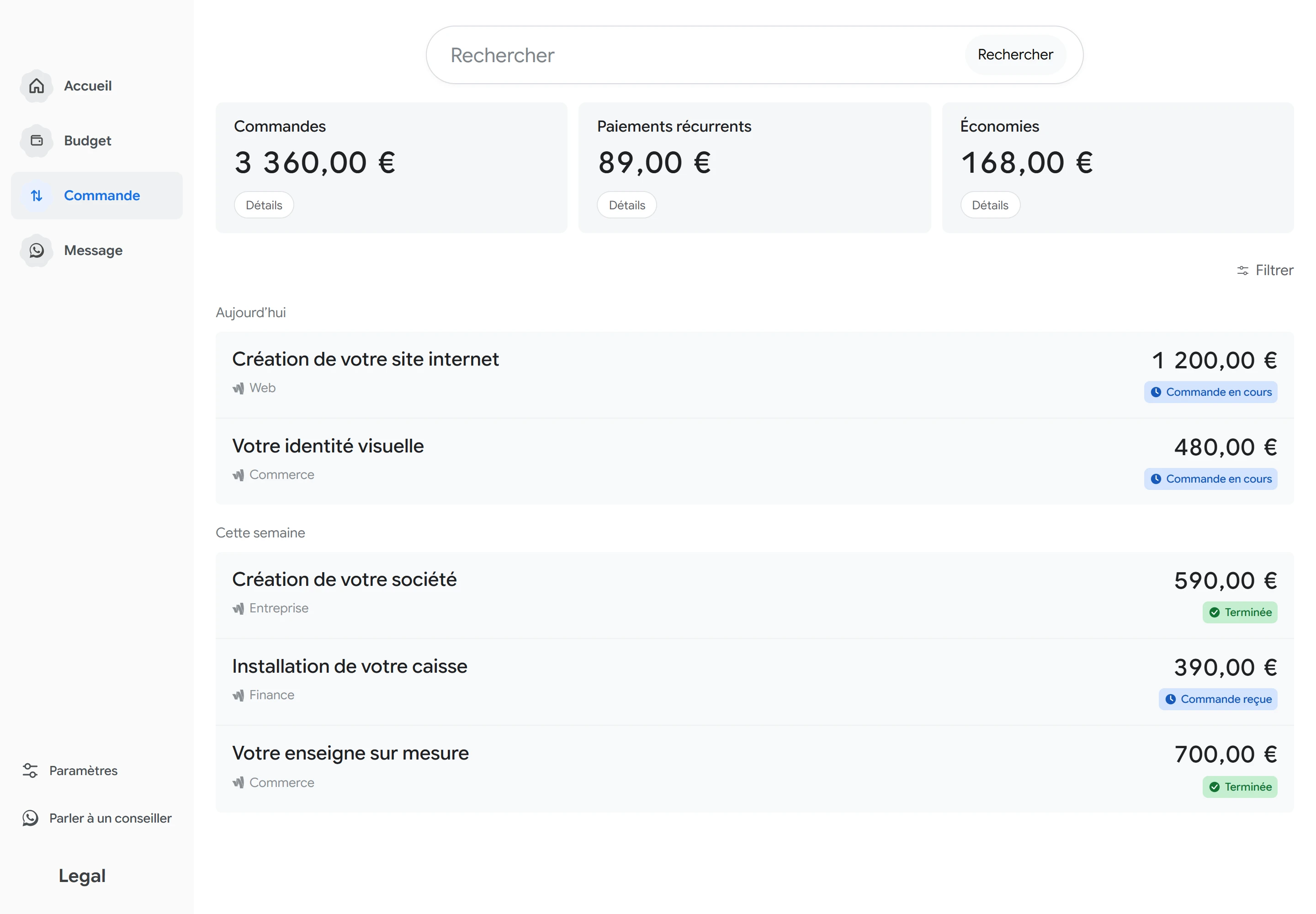 Écran Commandes de l’application UU, filtres et suivi des commandes.
